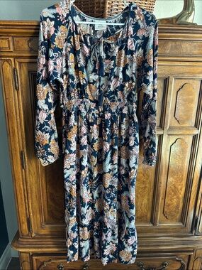 Knox Rose Navy Floral Long-Sleeve Maxi Dress with Tie Neck